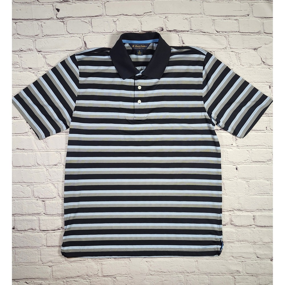 Brooks Brothers Mens XL Striped Short Sleeve Polo Shirt Navy Blue Performance